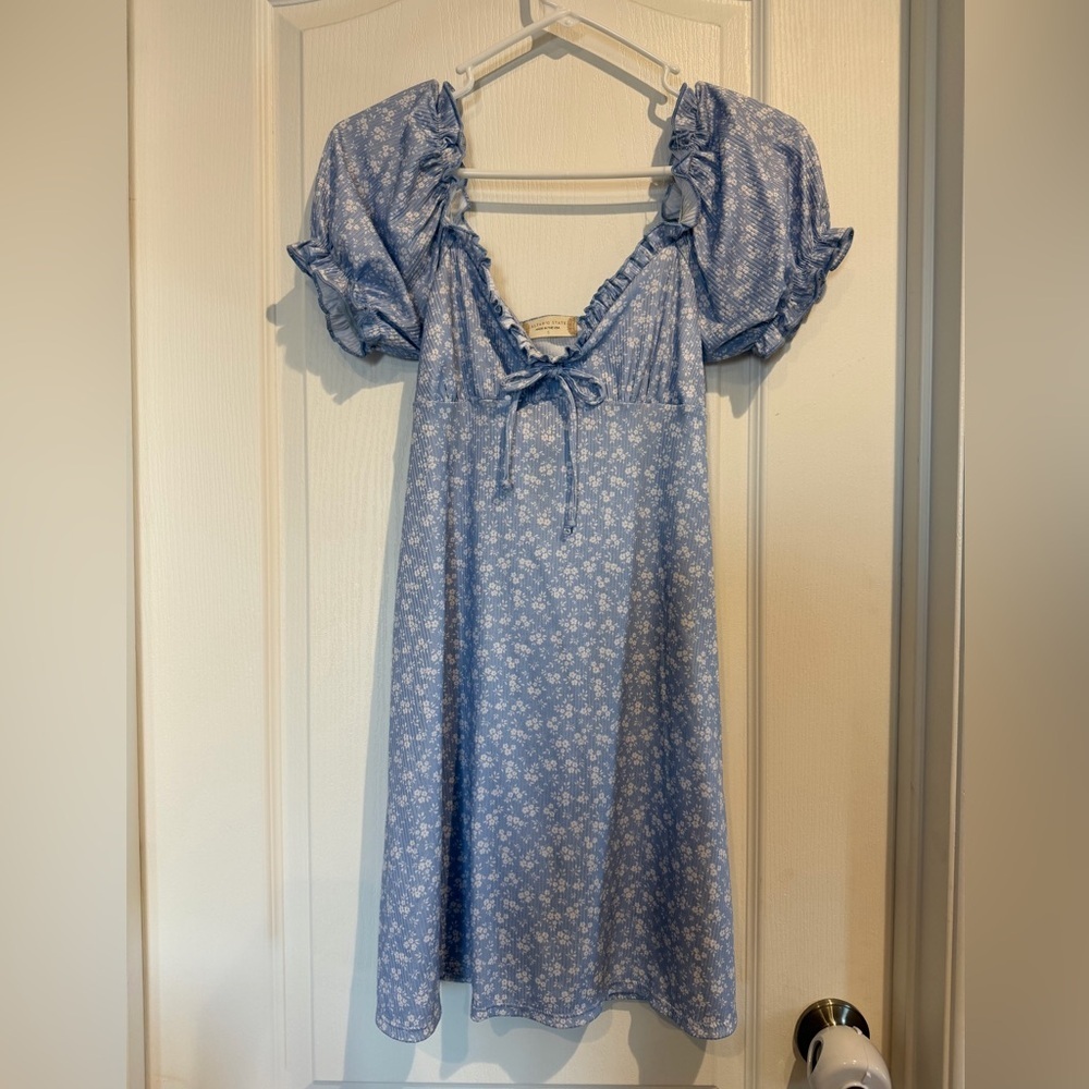 NWOT Altar'd State Powder Blue Floral Ruffled Neck Blouse